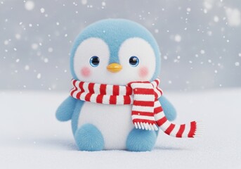 Fluffy blue penguin with red scarf sits in the snow as snowflakes fall; bright, cute, rounded, cartoon rendering
