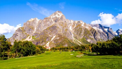 A vast expanse of a golf course stretches before towering, snow-capped mountains under a vibrant blue sky.