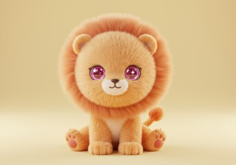 Fototapeta premium Fluffy, stylized lion cub with large, sparkling eyes, sits upright against a soft, muted yellow background