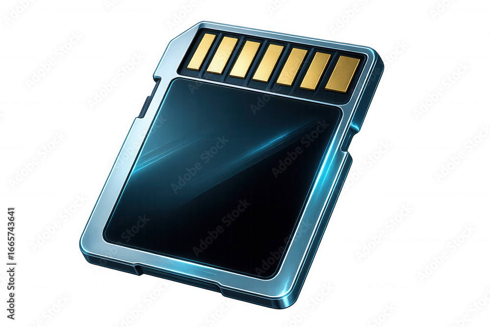 Poster shiny metallic sd memory card isolated on transparent background, ideal for technology and data stor