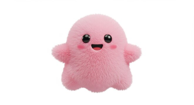 Fuzzy pink blob character with a happy expression, big eyes, and rosy cheeks on a white background