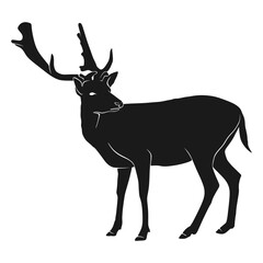 black silhouette illustration of a deer with large, detailed antlers. The deer is standing still and looking slightly backward, giving a sense of alertness and elegance
