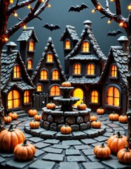 Enchanted Halloween Village:  Miniature Houses, Pumpkins, and Glowing Lights