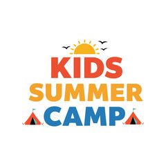 Kids summer camp text illustration with sun birds and tents
