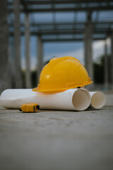 Engineer in hard hat reviewing construction blueprint. Industry, safety, planning, architecture,...