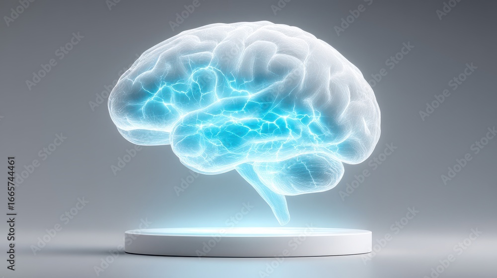 Poster 3d digital brain with internal blue light patterns, symbolizing neural activity, mri data, or artifi