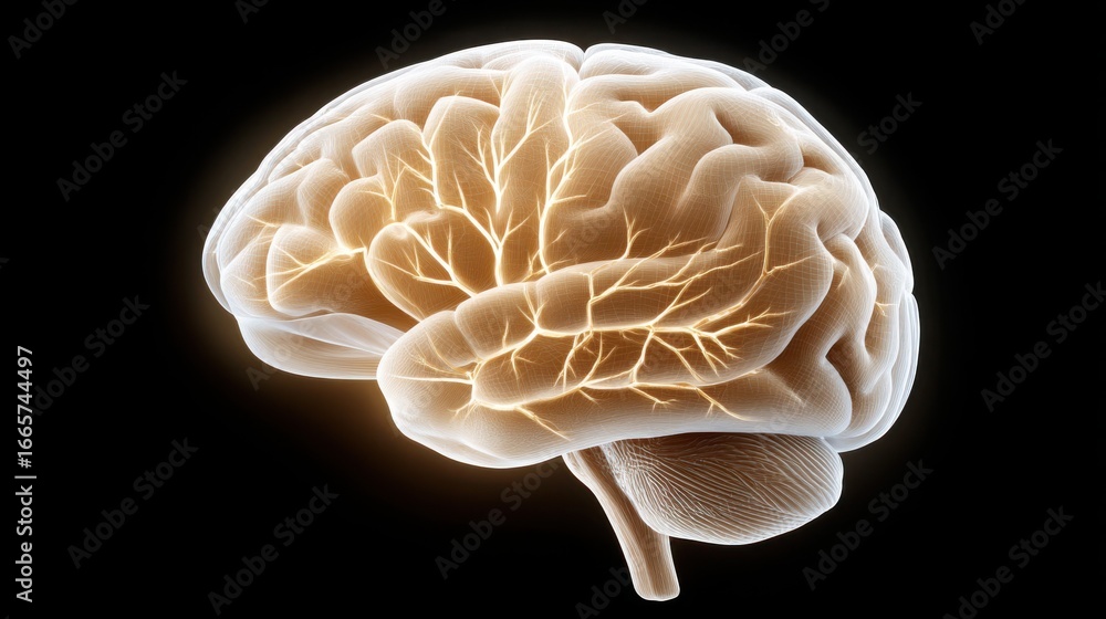 Poster 3d illustration of a human brain with illuminated neural pathways, resembling advanced mri brain sca