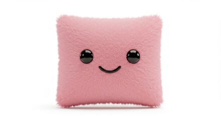 Pink fuzzy square pillow with a simple kawaii-style face and black eyes and mouth, on white background