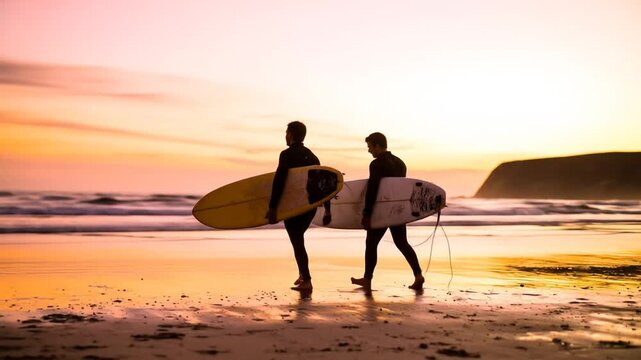 Two surfers walking with boards on sandy beach under a sunset