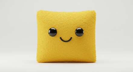 Plush yellow square with large black eyes and a simple smile, set against a plain, bright background