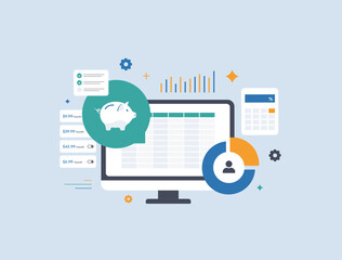 Personal finance budgeting tools with expense tracking and savings planning optimization. Personal financial management, income analysis and money control for smarter decisions vector illustration