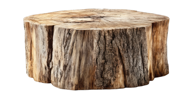 Close-up of a weathered tree trunk slice, showcasing its textured surface