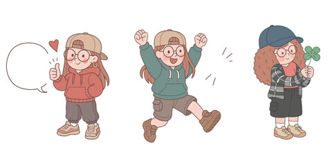 Three cute girls wearing hoodies, caps, and glasses, one holding a clover.