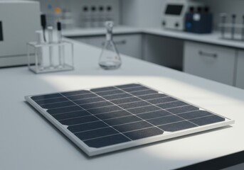 Solar panel on white lab bench with lab equipment in background, soft light