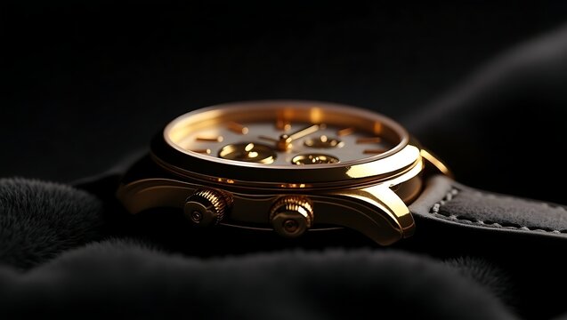 Elegant gold chronograph watch with leather strap on dark fabric