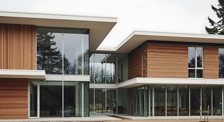 Fototapeta premium Contemporary home featuring wood siding and expansive glass walls showcasing modern architectural design, emphasizing
