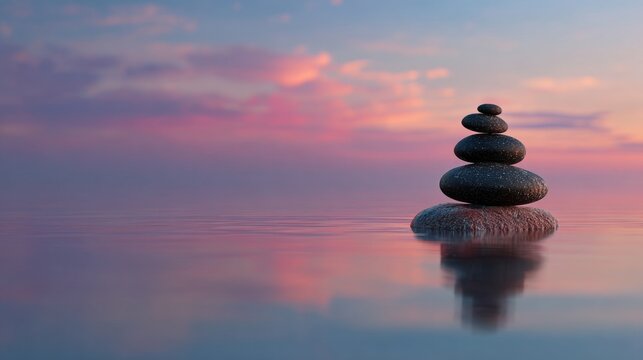 Stack of Zen stones in calm water reflecting a pink sunset - Powered by Adobe