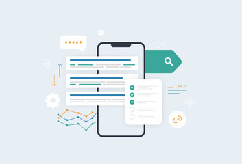 SEO checklist with keyword optimization. Search ranking improvement content strategy, website audit and digital marketing tools for better seo online visibility vector illustration