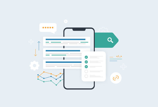 SEO checklist with keyword optimization. Search ranking improvement content strategy, website audit and digital marketing tools for better seo online visibility vector illustration