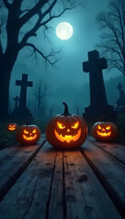 Blue hued image of Halloween Pumpkins on wooden deck in dark cemetery