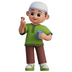 3D Muslim Boy Holding a Date Fruit Illustration