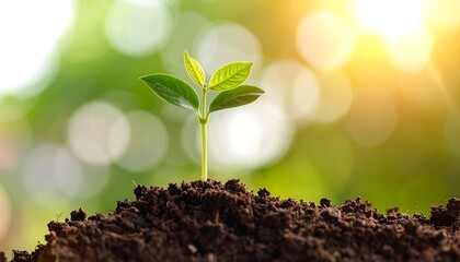 Fresh green seedling emerging from fertile soil against a blurred natural bokeh background with golden sunlight, embodying the concept of growth and renewal