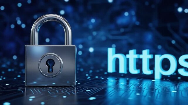 A shiny padlock secures the https inscription It shines against a dark blue backdrop with glowing lights Digital security online privacy is shown