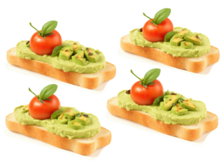 Vegan Avocado Tomato Bruschetta Toasted baguette slices topped with mashed avocado, cherry tomatoes, basil, and a drizzle of balsamic
