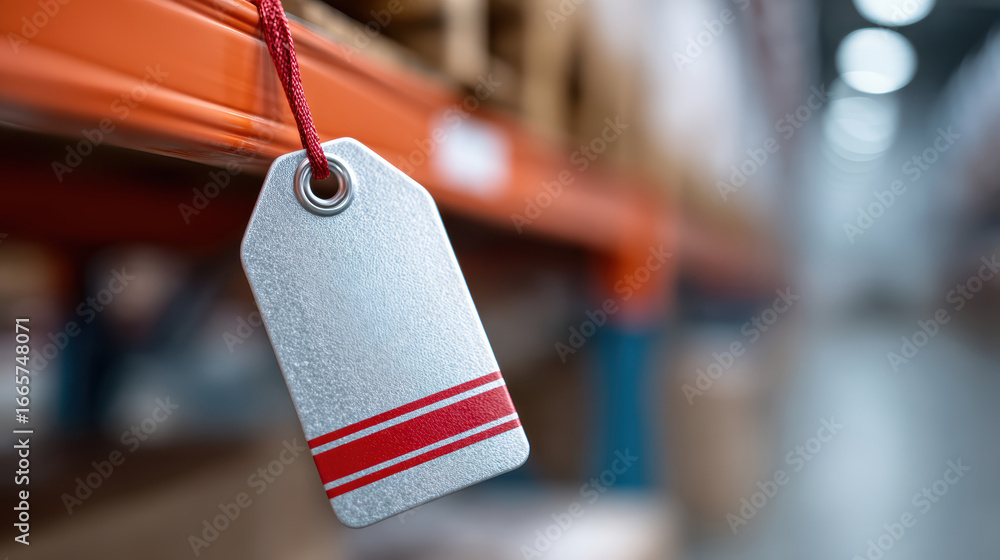 Poster warehouse aisle with blank price tag hanging on red string, emphasizing safety and organization in i