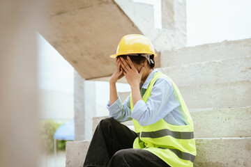 Female construction worker in hard hat and safety vest looking stressed, highlighting workplace...