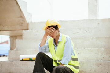 Female construction worker in hard hat and safety vest looking stressed, highlighting workplace...