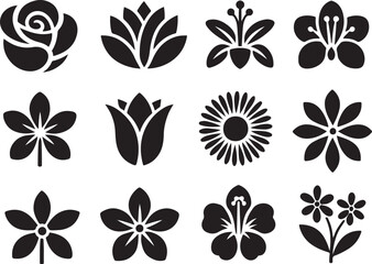  Black Flower Icons Collection. Floral Silhouette Vector Set on White Background.