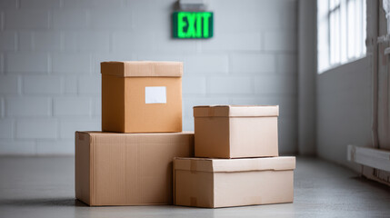 Four cardboard boxes are stacked in warehouse aisle near emergency exit sign, emphasizing safety and organization in bright industrial space