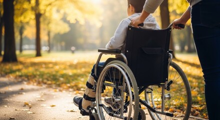 Obraz premium A person pushing a child in a wheelchair through a park in autumn, with golden leaves on the ground and trees.