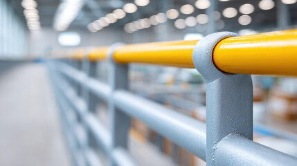 Safety railing in warehouse aisle with yellow handrail and metal support, industrial environment with blurred background, focus on safety measures and secure workspace