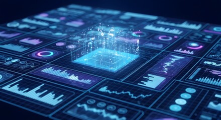Dynamic digital interface showcasing futuristic data analytics and glowing holographic technology with intricate charts and graphs