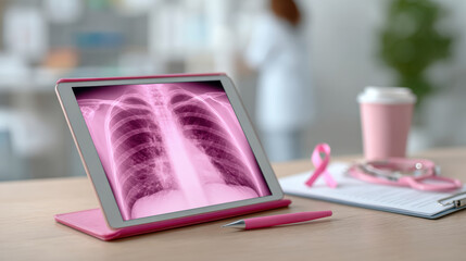 Breast cancer awareness displayed on digital tablet with professional medical setting, featuring pink ribbon and x ray image, promoting health and support