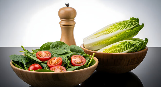 A fresh green salad with tomatoes and a pepper mill in wooden bowls - Powered by Adobe