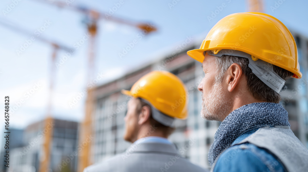 Poster construction site worker engineer helmet safety building modern architecture teamwork two constructi