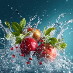 clean water splash with ripe fruits and foliage
