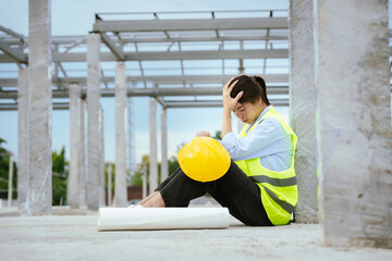 Female construction worker in hard hat and safety vest looking stressed, highlighting workplace...