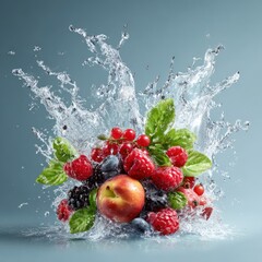 clean water splash with ripe fruits and foliage