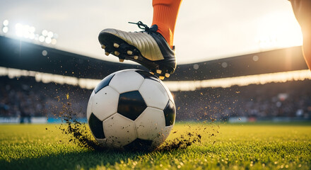 Closeup of a soccer ball being kicked on a grassy field in a stadium