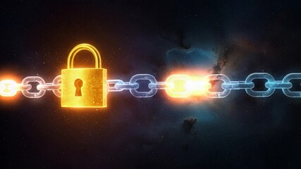 A glowing, golden padlock secures a digital chain across a cosmic backdrop. - Powered by Adobe