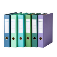 Row of colorful office ring binders and lever arch files neatly arranged in a line isolated on transparent background