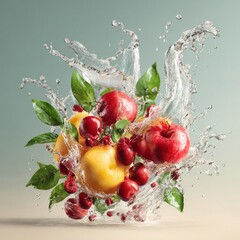 clean water splash with ripe fruits and foliage