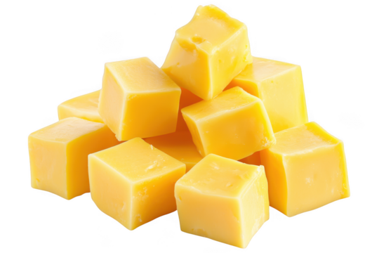Delicious yellow cheddar cheese cubes stacked high, dairy food photography, gourmet ingredient, foodie delight, isolated on transparent background