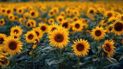 Naklejka premium Sunflowers field at sunset