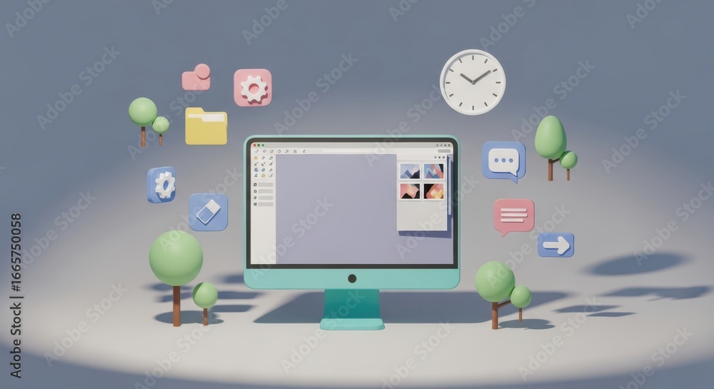 Poster cute cartoon characters interacting with a computer and digital icons in a whimsical workspace