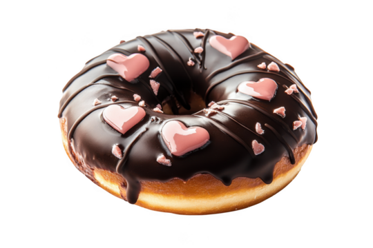 Delicious chocolate donut with pink heart sprinkles, sweet treat confectionery, bakery dessert, pastry food, isolated on transparent background